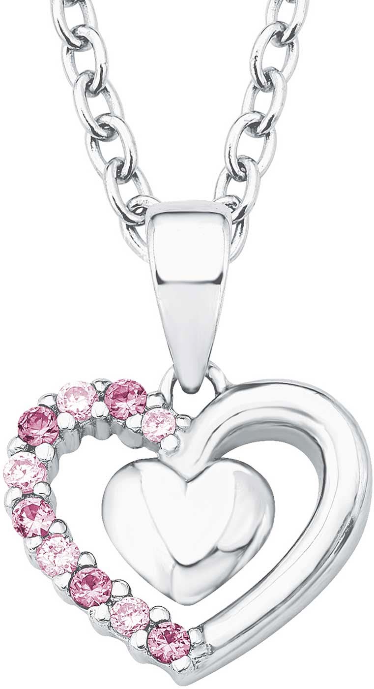 Collier en argent avec grand pendentif cœur et petites pierres roses sur le bord