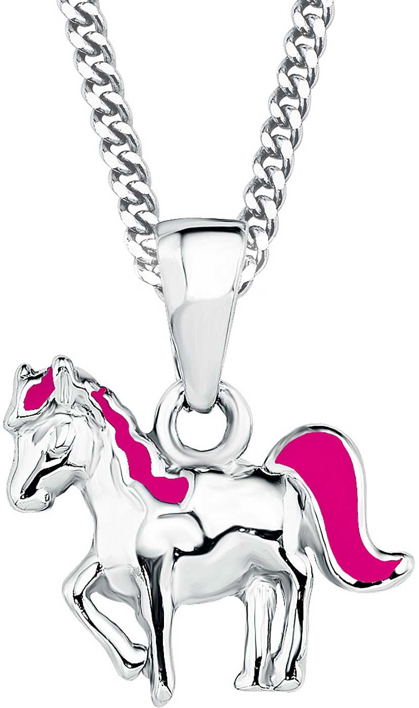 Collier en argent avec pendentif cheval, crinière et queue roses