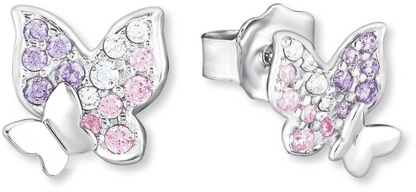 Clous d'oreilles papillon argentés avec des pierres scintillantes violettes, roses et blanches.