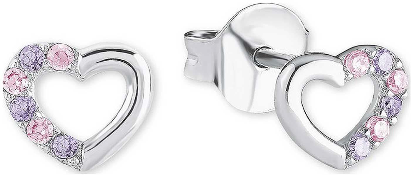 Clous d'oreilles argentés avec pendentif cœur et strass roses