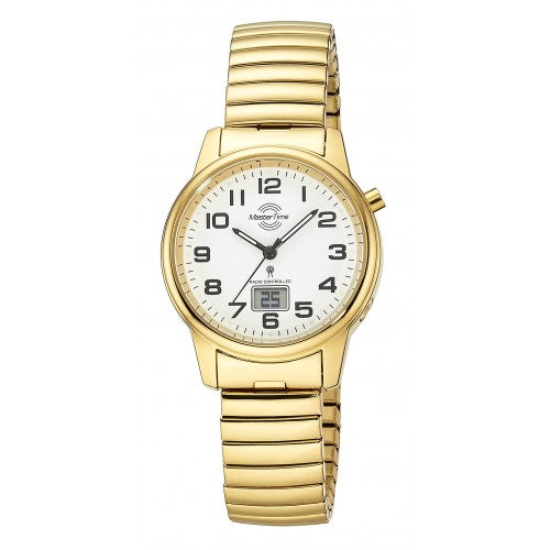 Damen-Funkuhr mit goldfarbenem Armband und rundem Zifferblatt mit Leuchtziffern