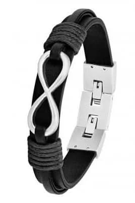 Bracelet en cuir noir avec fermoir argenté et éléments rectangulaires