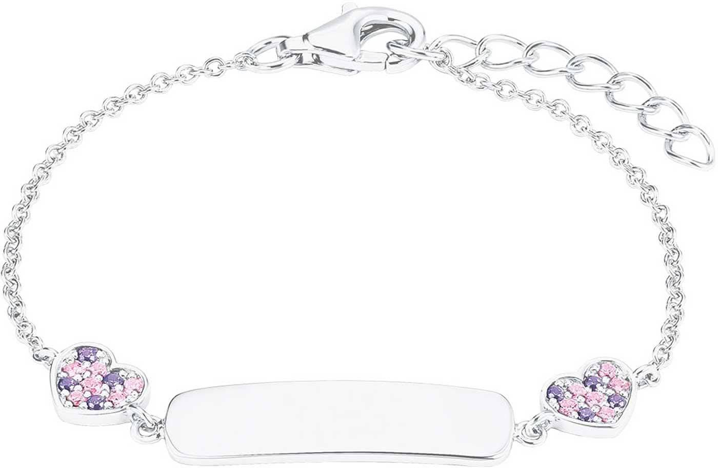 Bracelet jonc argenté en forme de cœur avec médaille ovale et deux cœurs roses