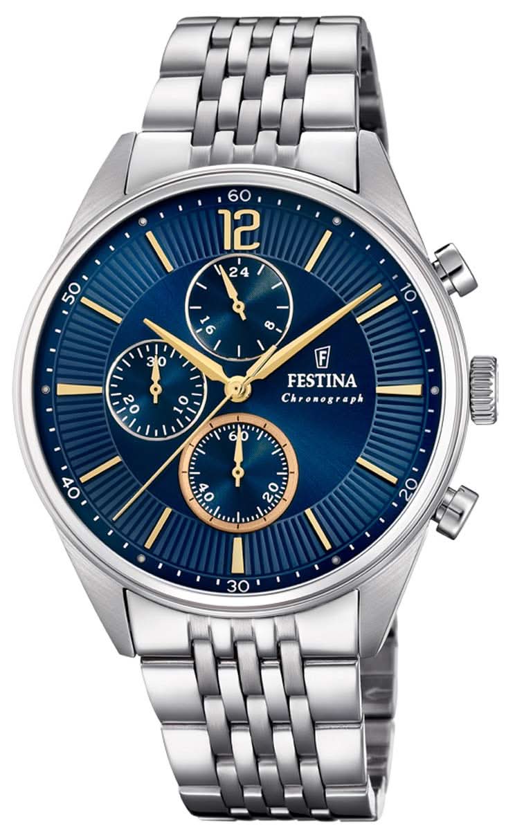 Chronographe pour homme avec cadran bleu et bracelet en acier inoxydable, trois compteurs de chronographe