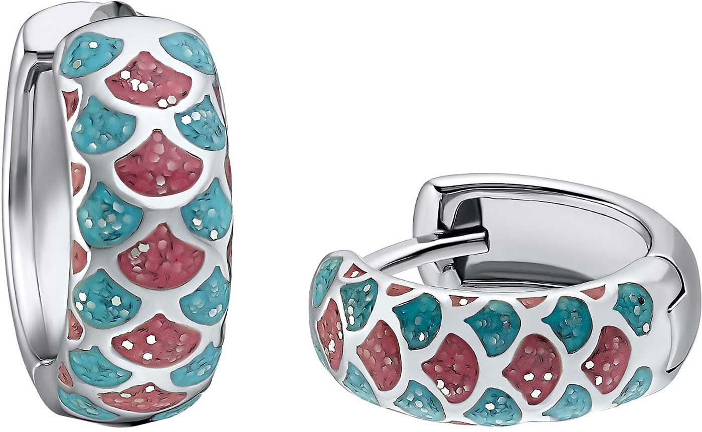 Créoles argentées avec motifs de petits gâteaux émaillés roses et bleu clair