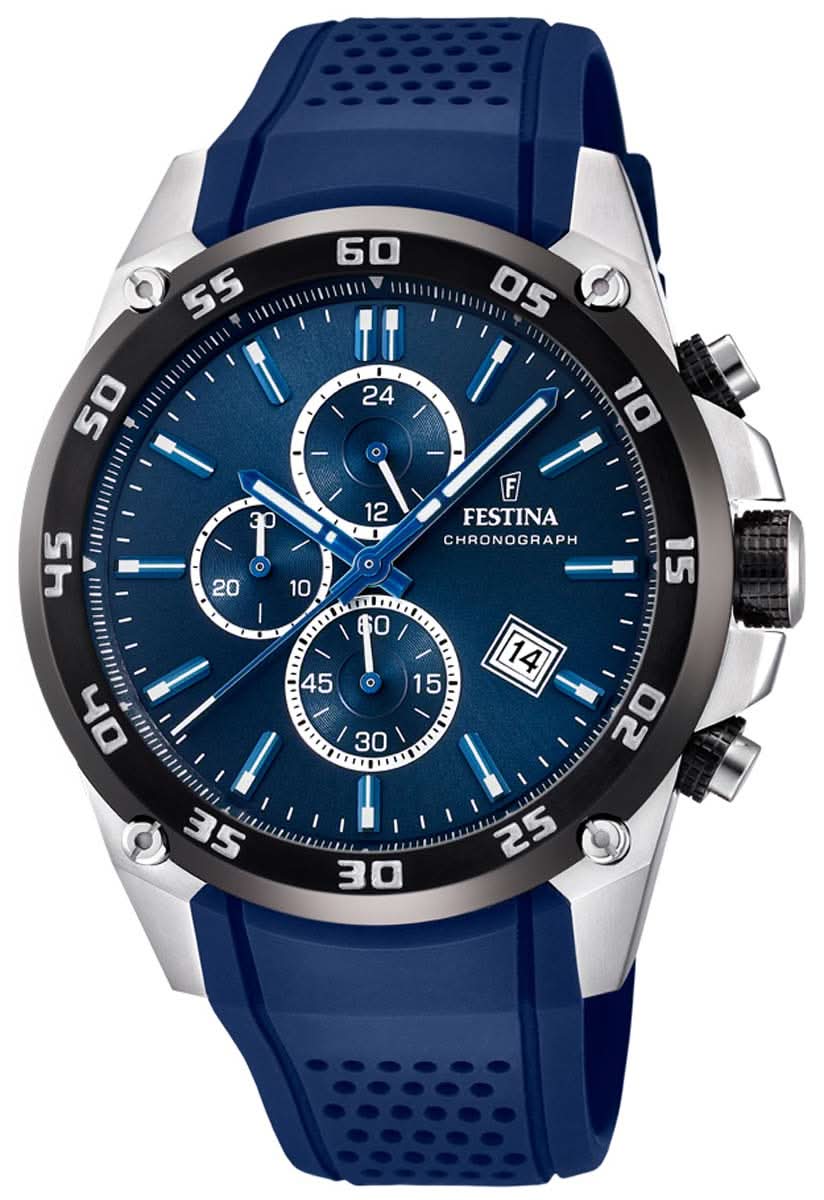 Montre chronographe pour homme : bracelet en silicone bleu, cadran bleu, boîtier en acier inoxydable