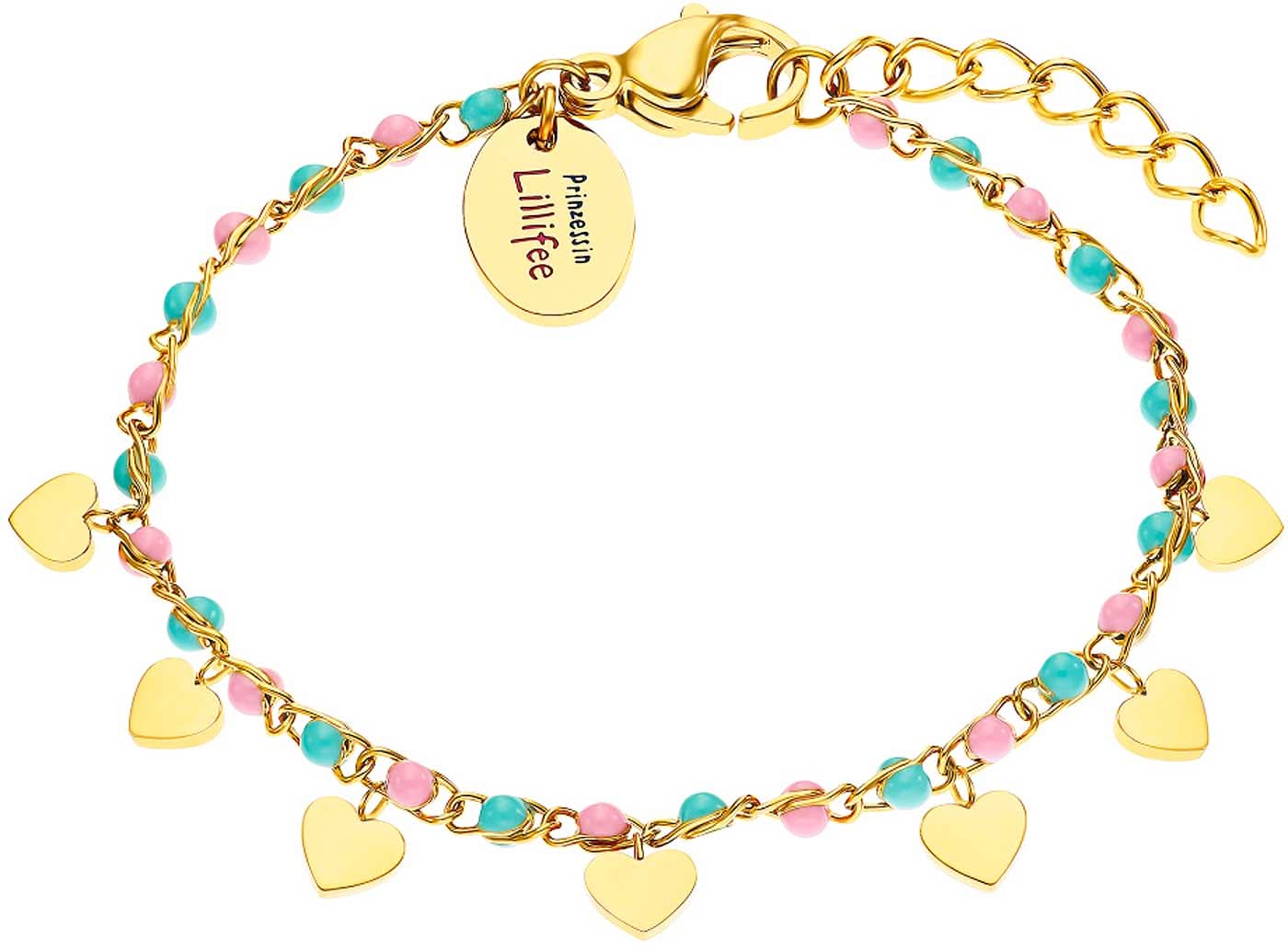 Bracelet coloré avec maillons dorés et breloques cœur, rose/turquoise
