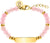 Bracelet d'identification avec perles de quartz rose et plaque gravée dorée