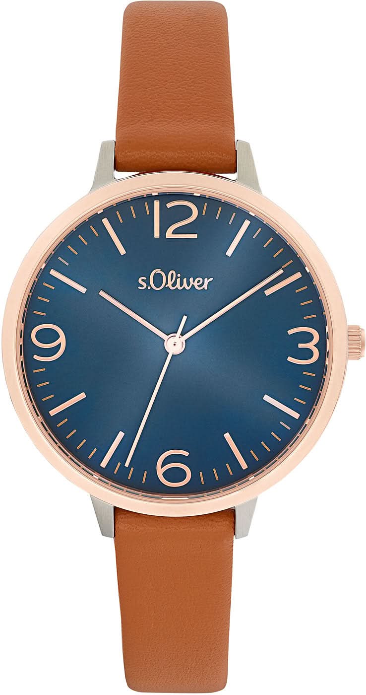 Montre pour femme s.Oliver avec cadran bleu, chiffres romains et bracelet en cuir marron