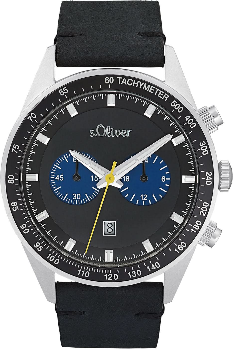 Bracelet de montre pour homme avec cadran noir, lunette tachymètre et bracelet en cuir noir
