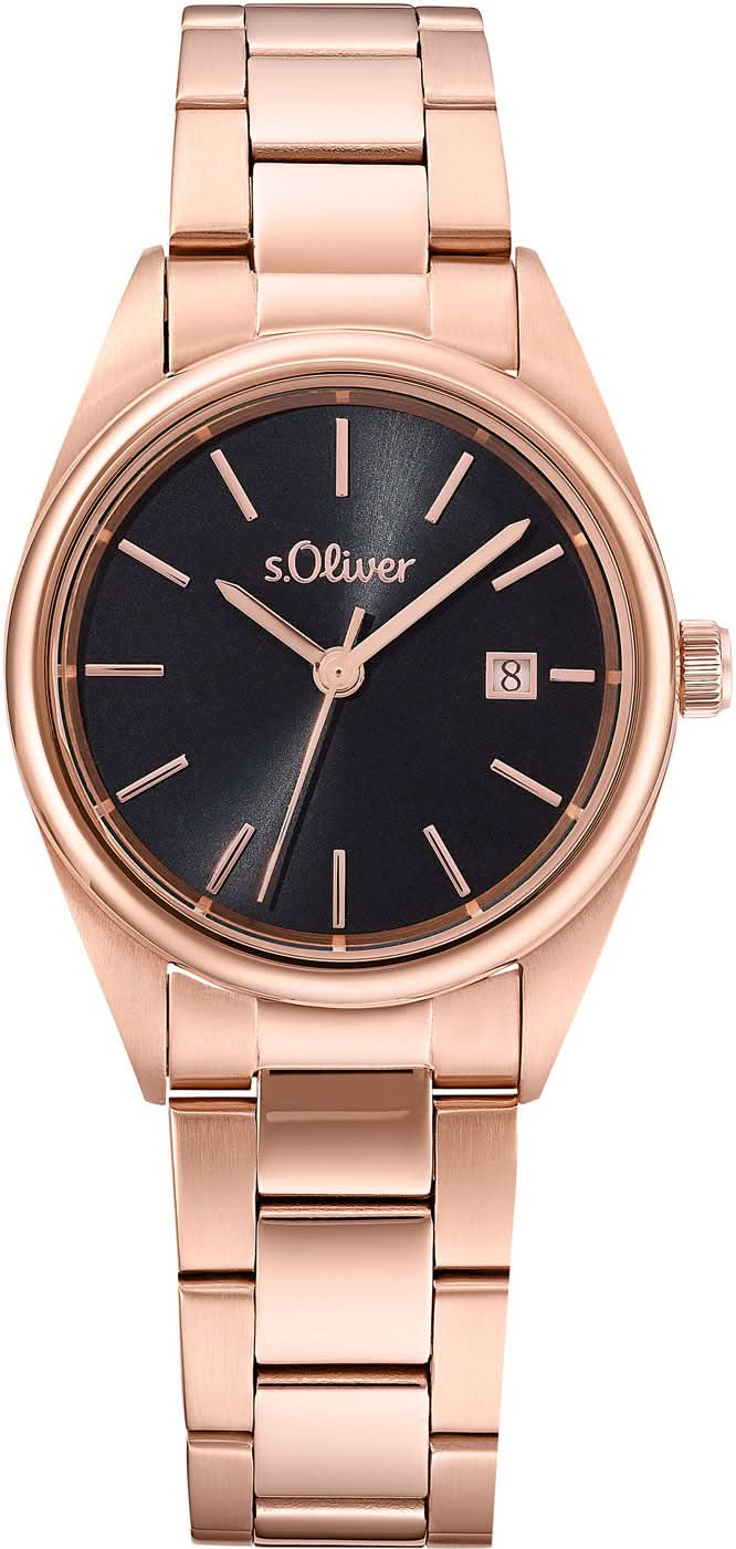 Montre pour femme avec bracelet métallique couleur or rose, cadran rond noir et logo s.Oliver