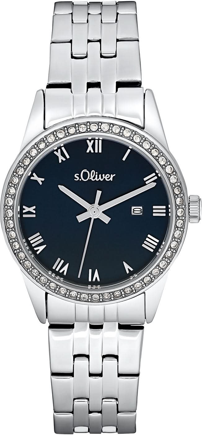 Bracelet de montre s.Oliver pour femme avec cadran bleu, chiffres romains et bracelet en métal