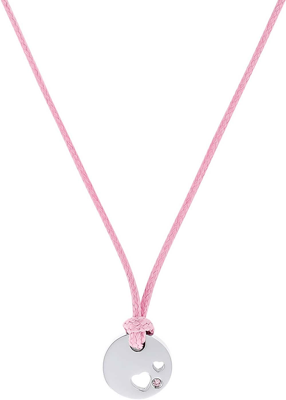 Chaîne textile avec ruban rose, pendentif rond en acier inoxydable et petits cœurs