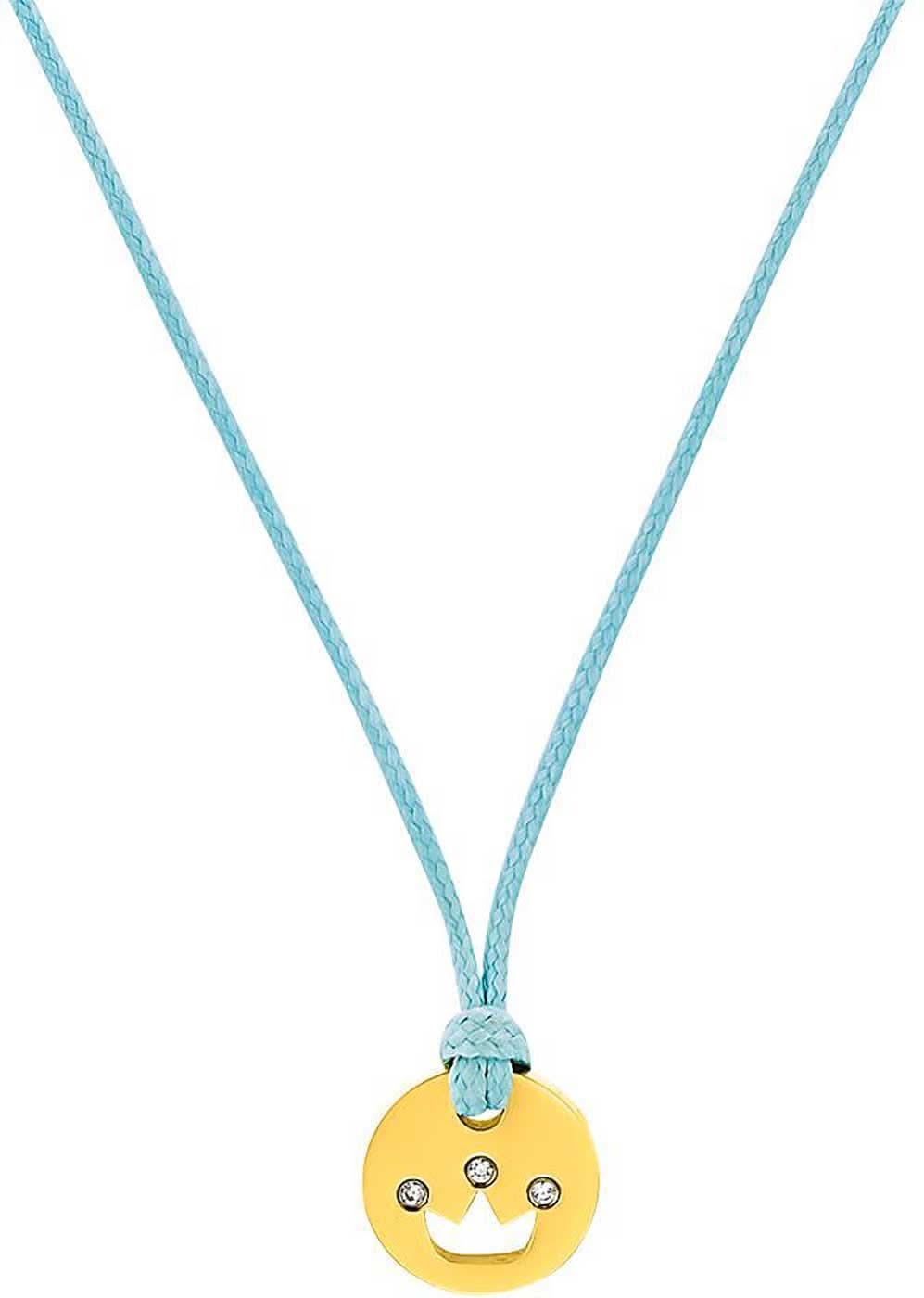 Collier textile avec pendentif rond jaune souriant et cordon bleu