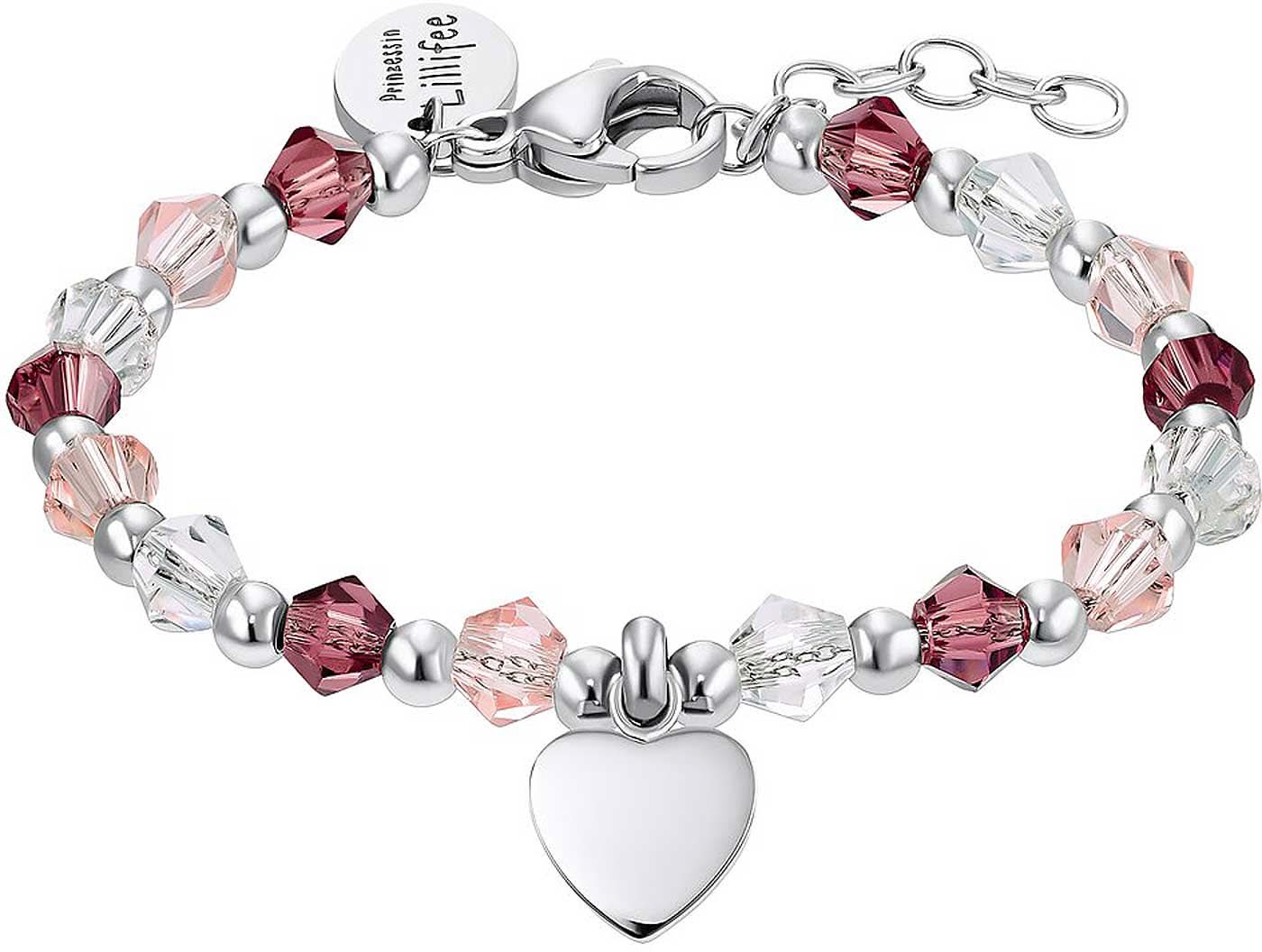 Bracelet argenté avec perles en verre rose et breloque en forme de cœur