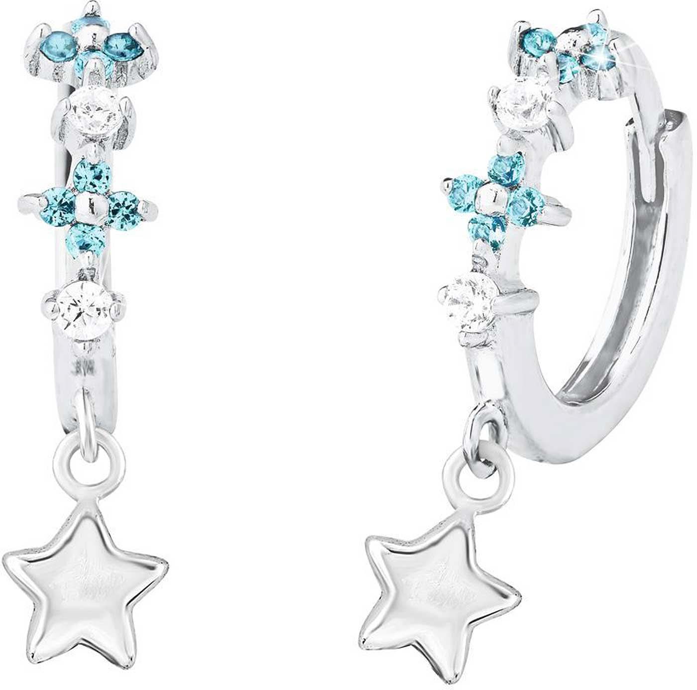 Créoles argentées avec pendentif étoile et pierres turquoise et transparentes