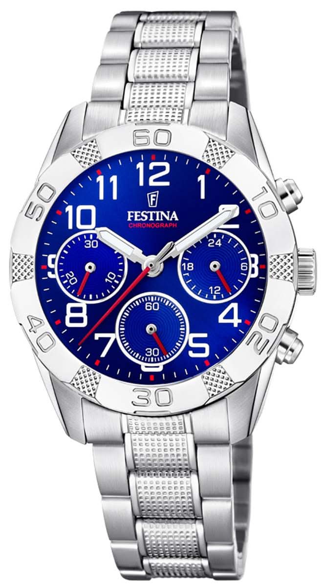 Montre enfant avec cadran bleu et bracelet en métal argenté, chronographe