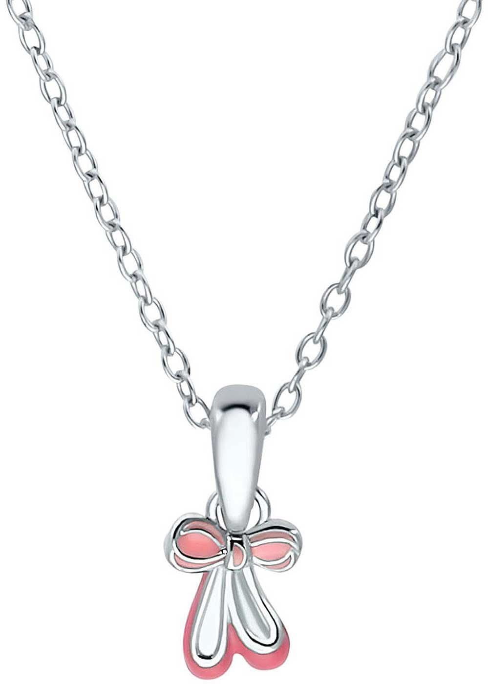 Collier en argent avec pendentif nœud et détails roses, chaîne à maillons avec fermoir mousqueton