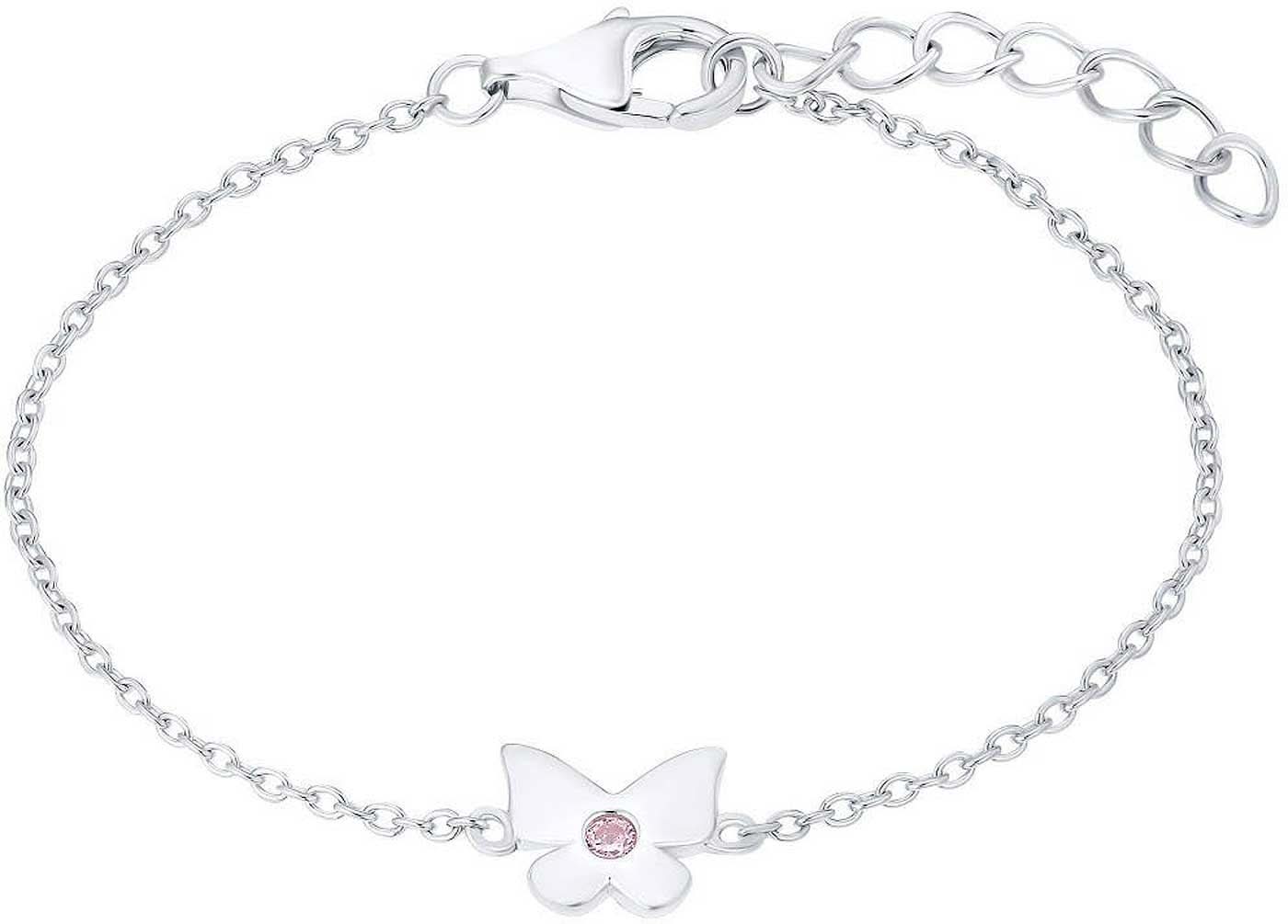Bracelet argenté avec breloque papillon et pierre de strass rose