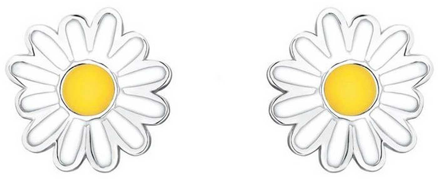 Clous d'oreilles en argent avec des fleurs de pâquerette blanches et un centre jaune