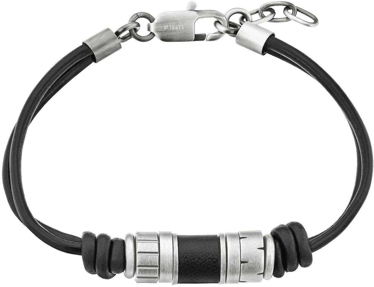 Bracelet en cuir avec disques de perles noires et éléments métalliques, fermoir avec chaîne