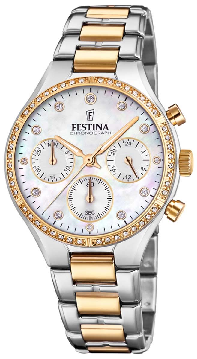 Montre pour femme avec boîtier argenté, bracelet à maillons dorés, cadran blanc et lunette ornée