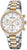 Montre pour femme avec boîtier argenté, bracelet à maillons dorés, cadran blanc et lunette ornée