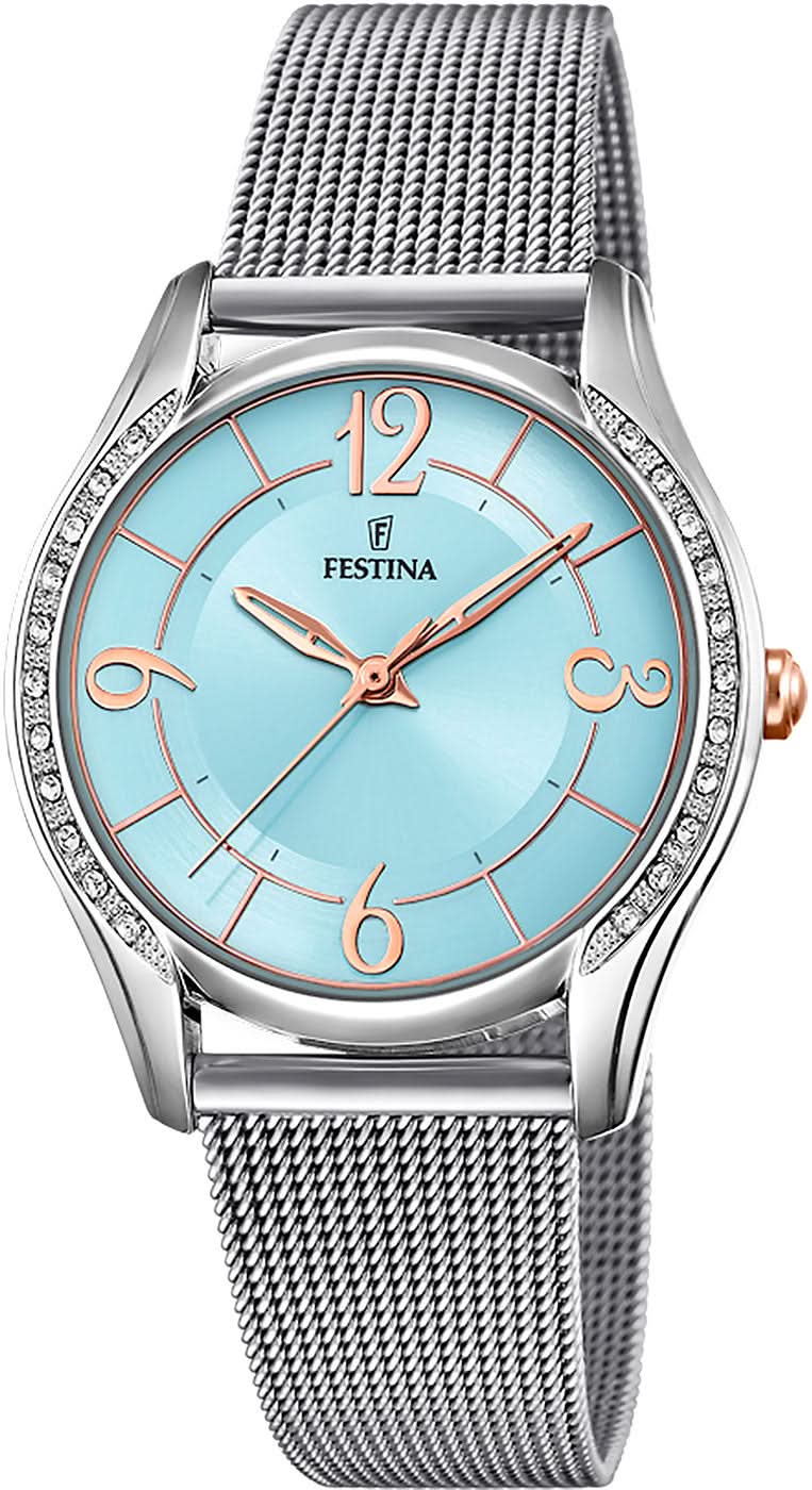 Montre pour femme : cadran turquoise, bracelet en acier inoxydable argenté, lunette scintillante.