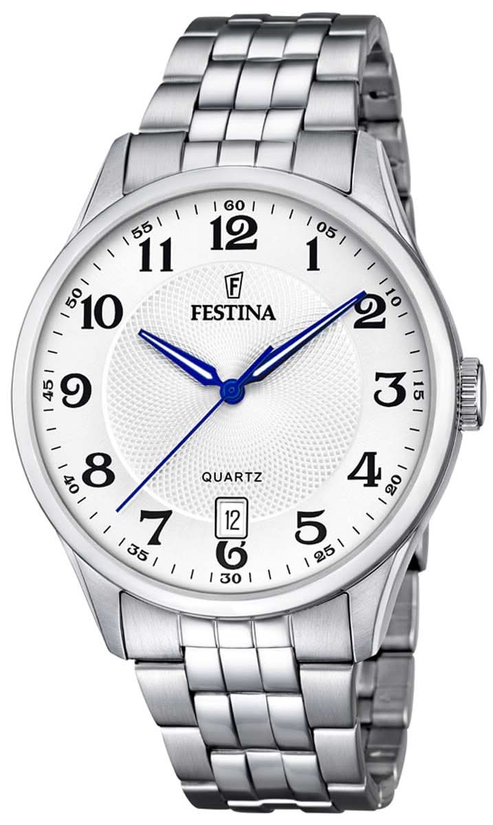 Montre pour homme avec bracelet en acier inoxydable argenté, cadran blanc et trotteuse bleue