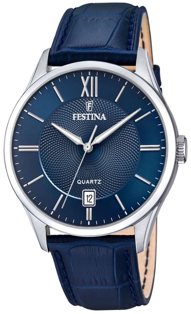 Montre pour homme avec bracelet en cuir bleu, cadran rond bleu et boîtier argenté