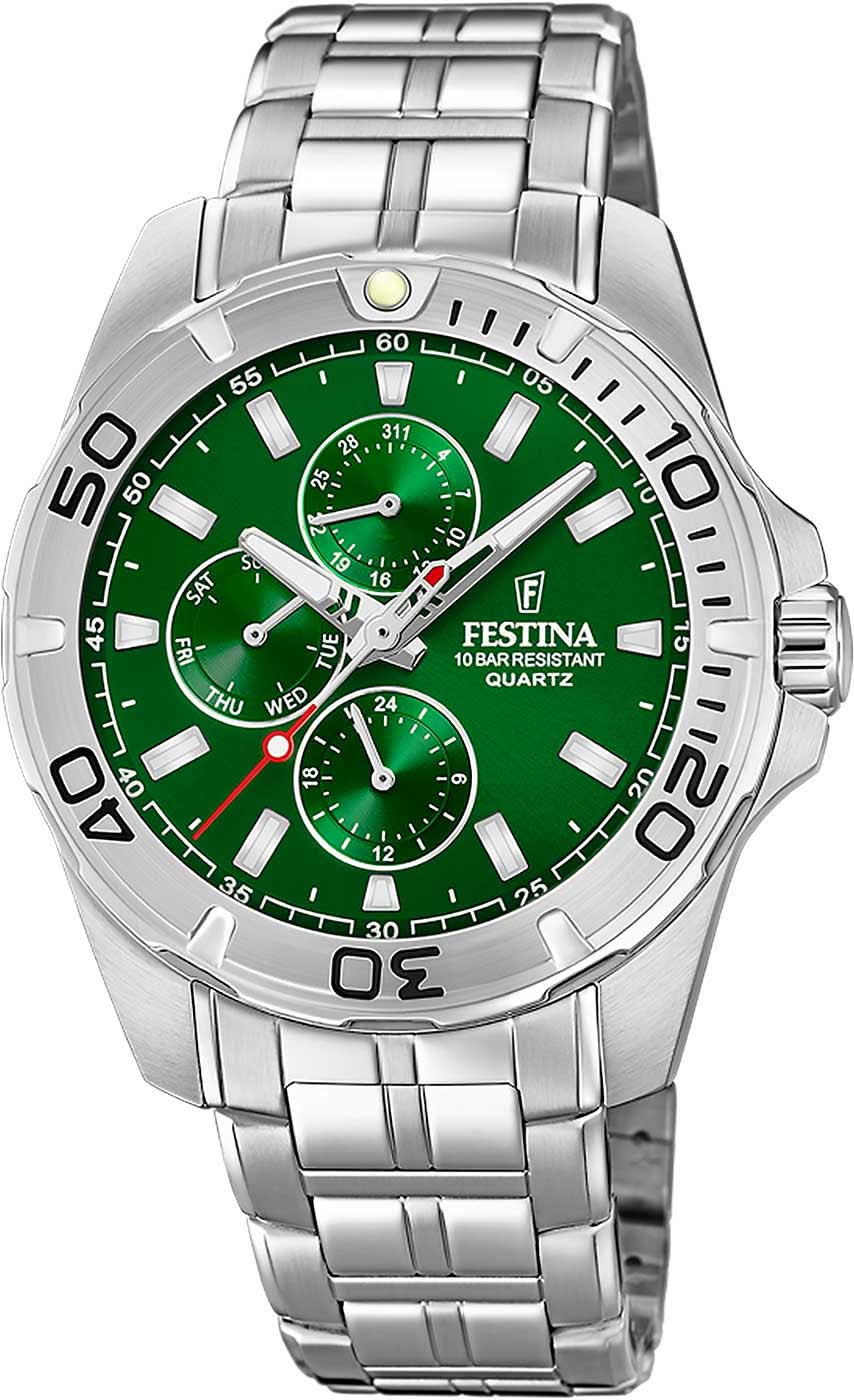 Montre pour homme avec cadran vert, affichage analogique et bracelet en acier inoxydable
