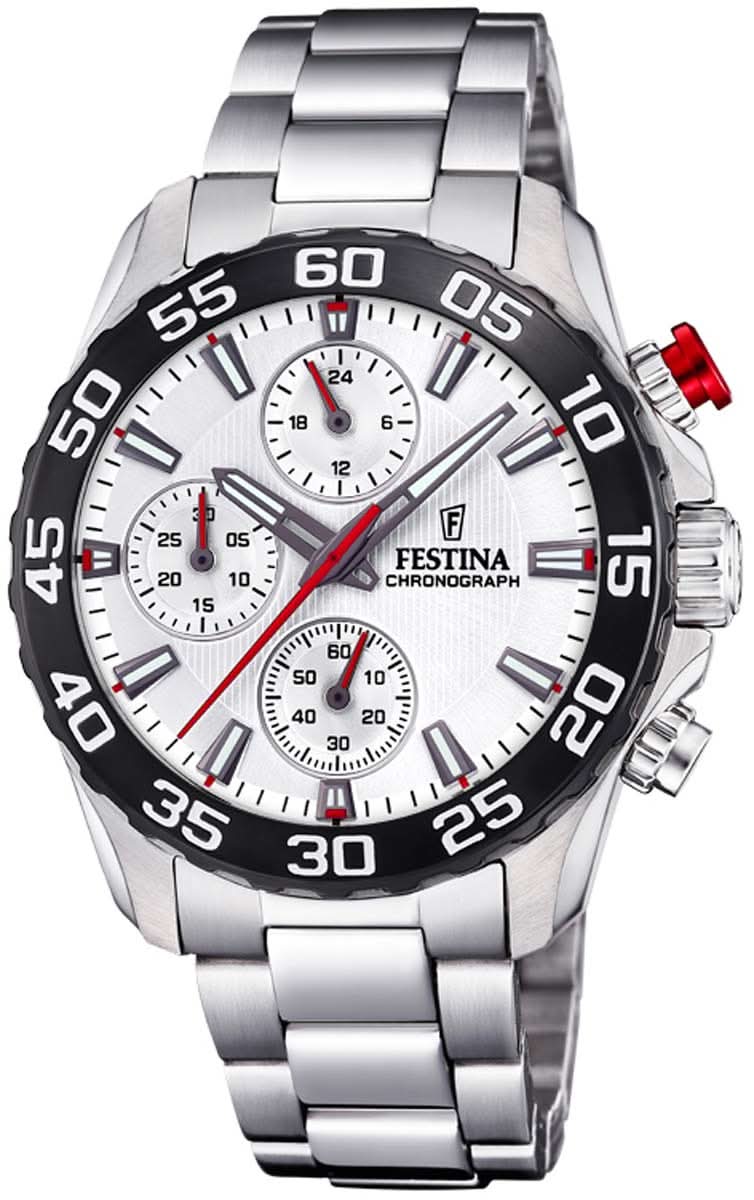 Montre enfant Festina avec bracelet en acier inoxydable, cadran blanc et lunette noire