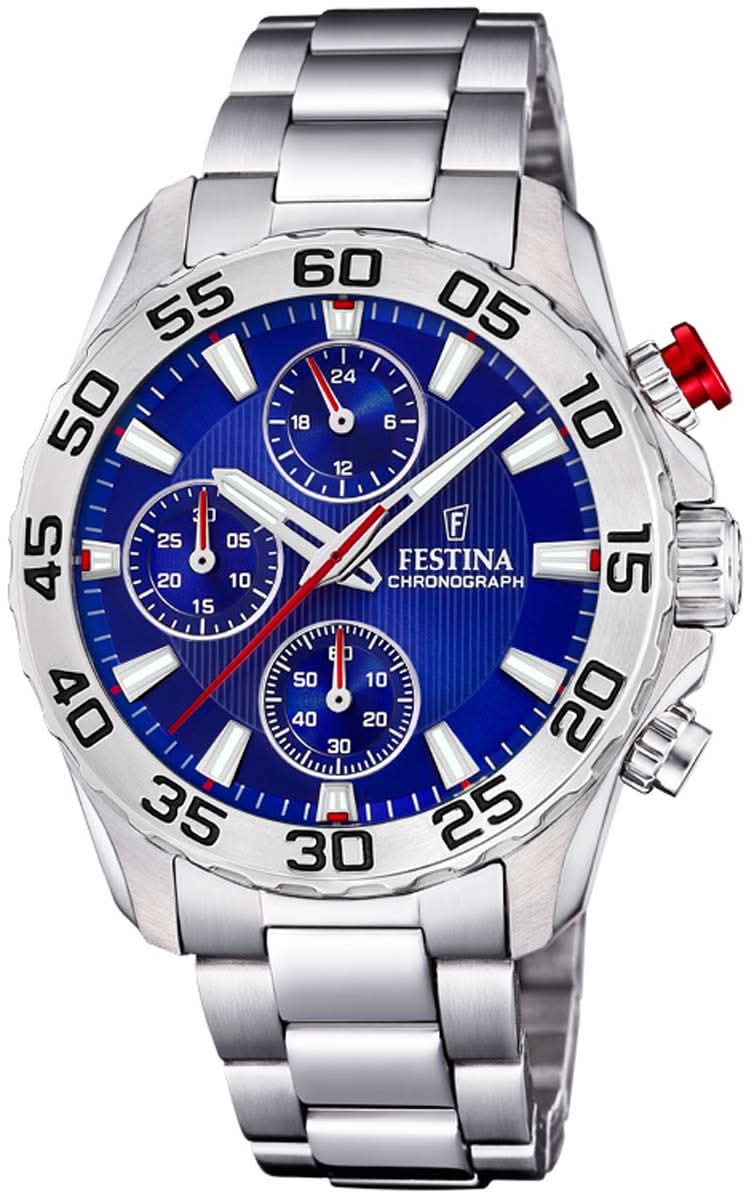 Montre chronographe argentée avec cadran bleu et bracelet en acier inoxydable, couronne à droite