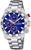 Montre chronographe argentée avec cadran bleu et bracelet en acier inoxydable, couronne à droite