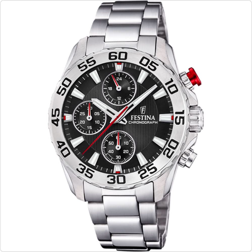 Montre Festina pour enfant avec cadran noir, bracelet en acier inoxydable et affichage chrono