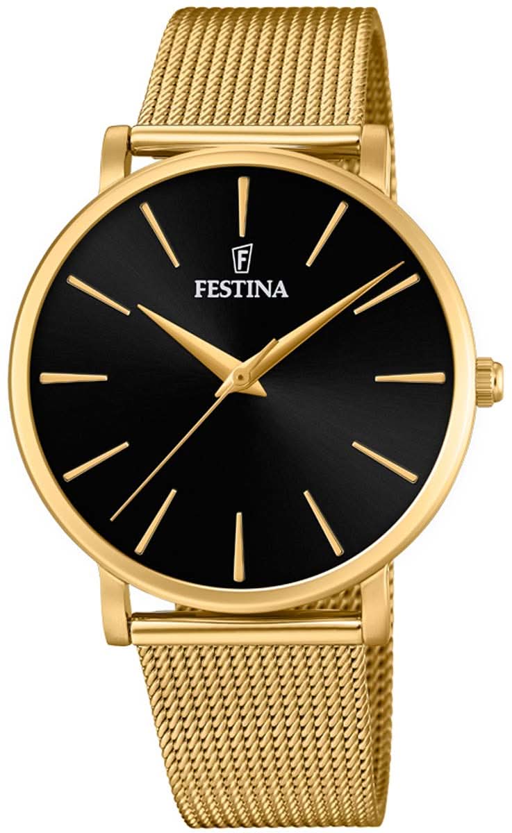 Montre pour homme avec bracelet en métal doré et cadran noir, boîtier rond