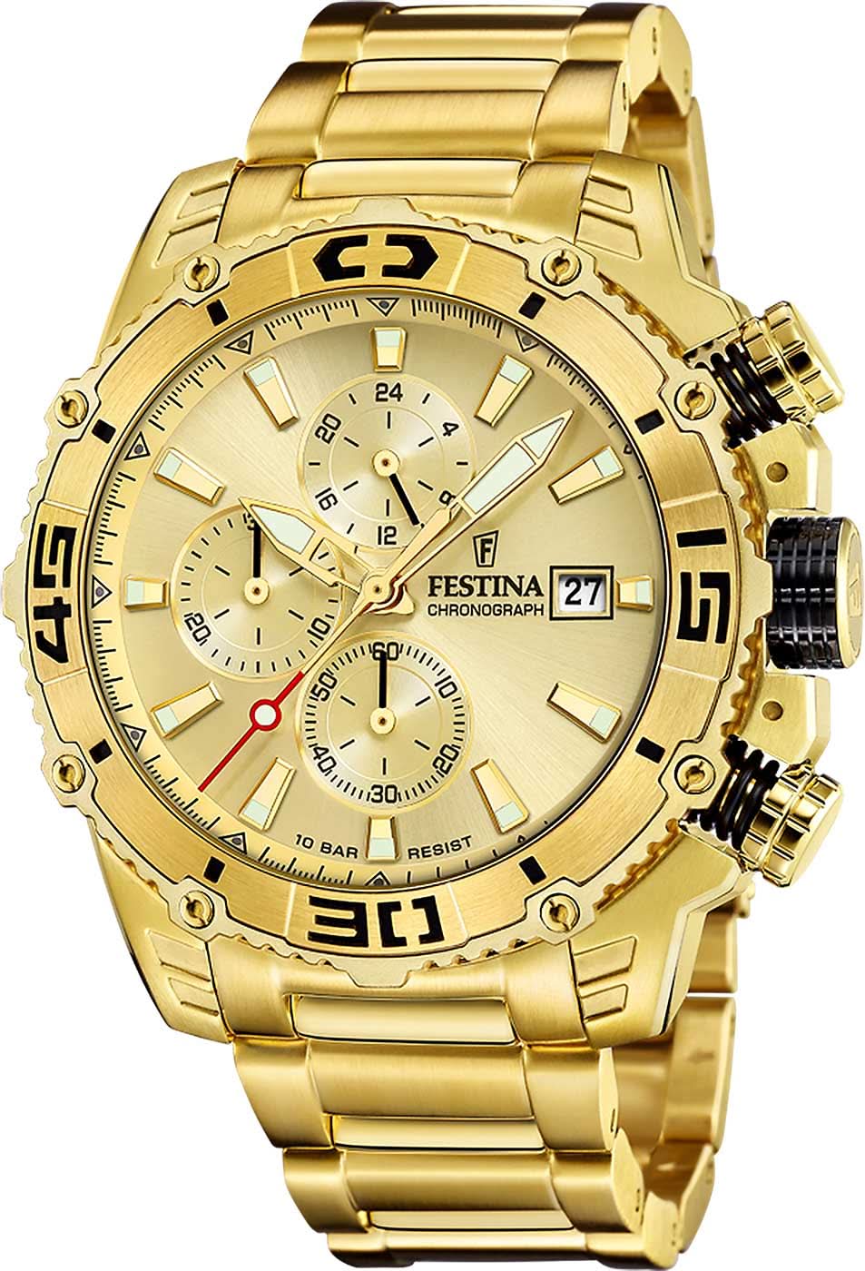 Montre chronographe dorée avec cadran beige et bracelet en métal