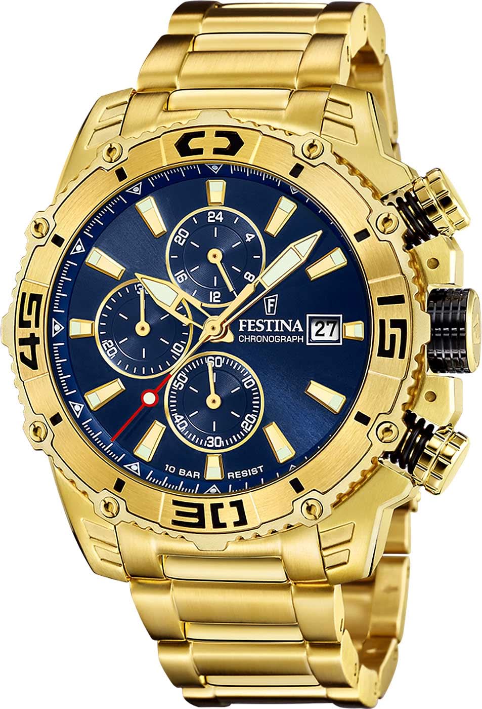 Montre chronographe pour homme avec cadran bleu, bracelet bicolore doré