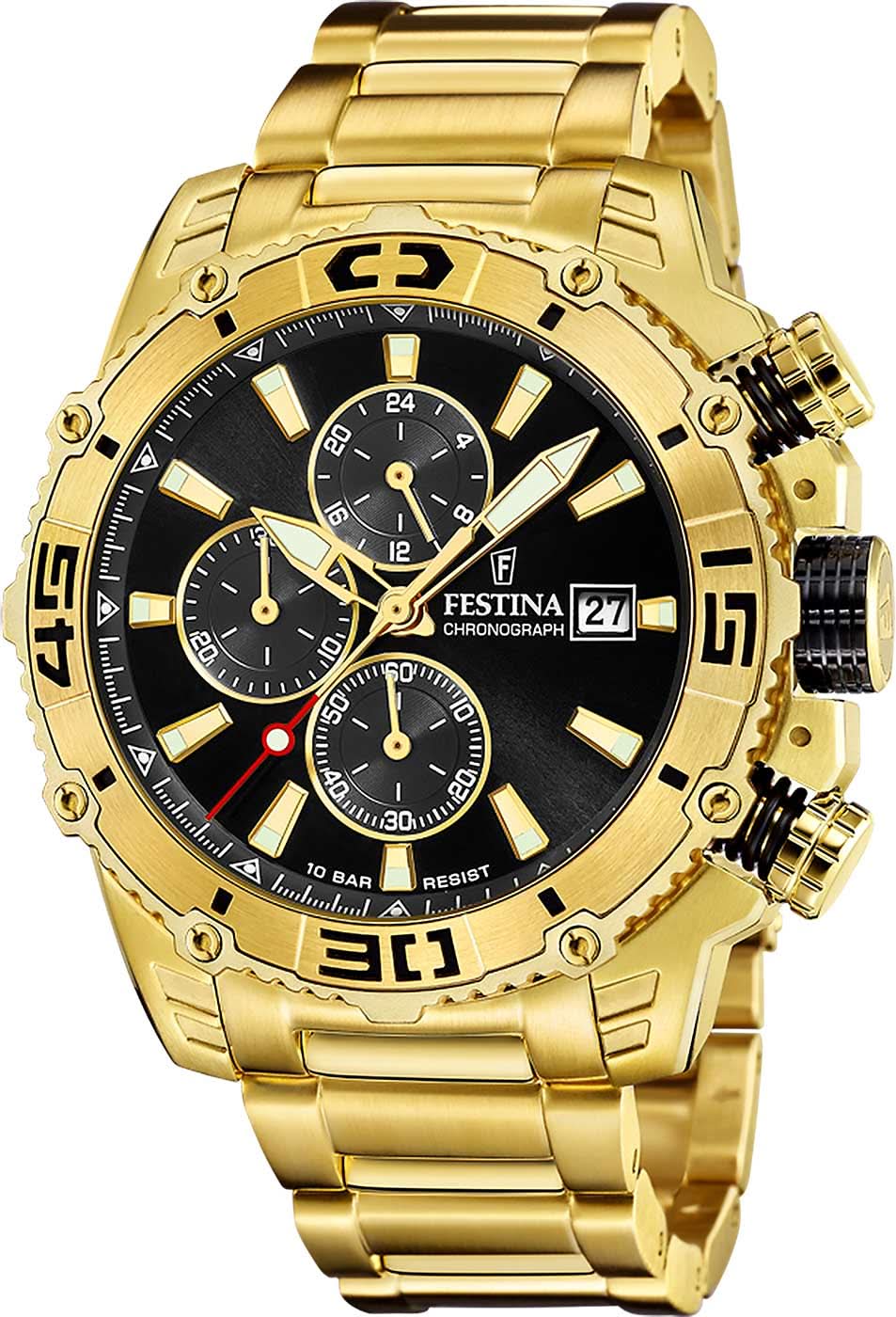 Montre chronographe pour homme avec lunette en acier inoxydable doré, cadran noir et date 27