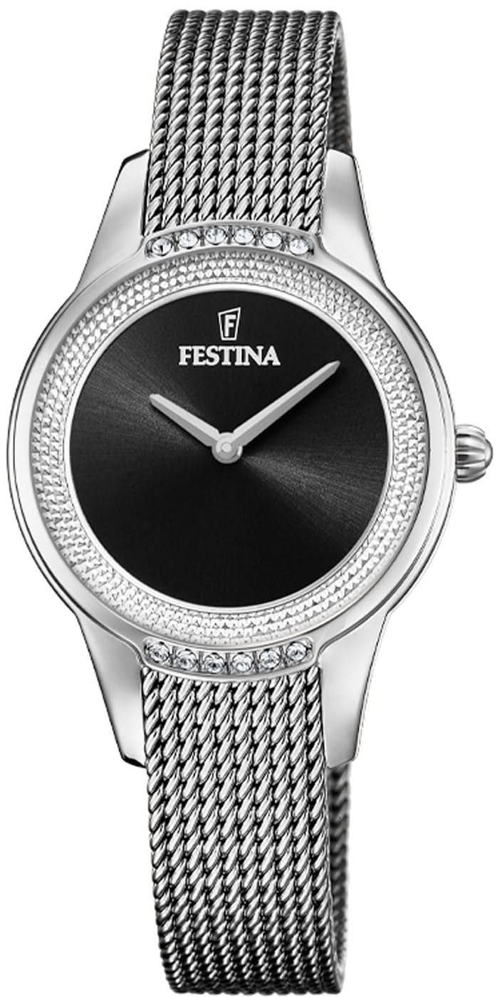 Montre Festina pour femme avec cadran noir et bracelet milanais en acier inoxydable argenté