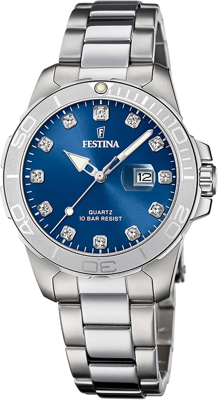 Montre pour femme avec cadran bleu, bracelet en acier inoxydable argenté et lunette ronde