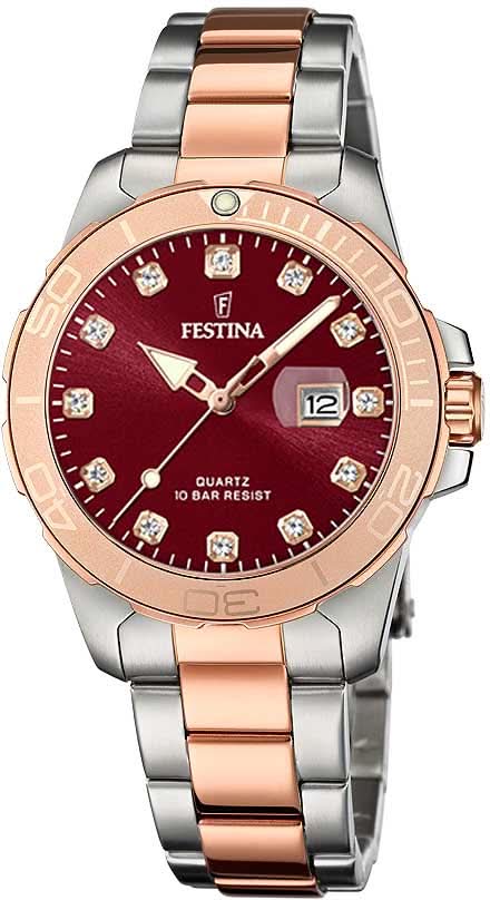 Montre pour femme avec cadran bordeaux, affichage de la date et bracelet bicolore en acier inoxydable