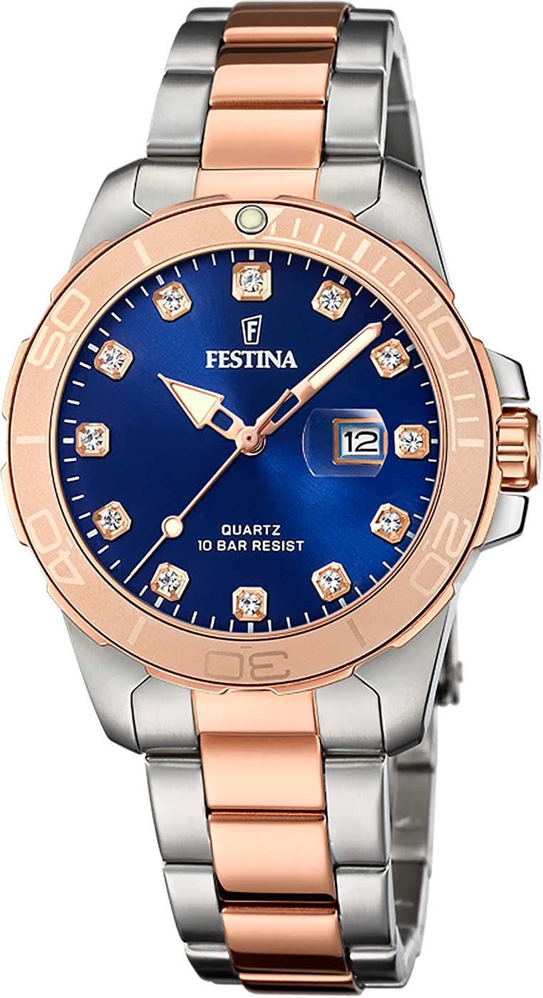 Montre pour femme avec cadran bleu, bracelet en acier inoxydable couleur or rose et affichage de la date