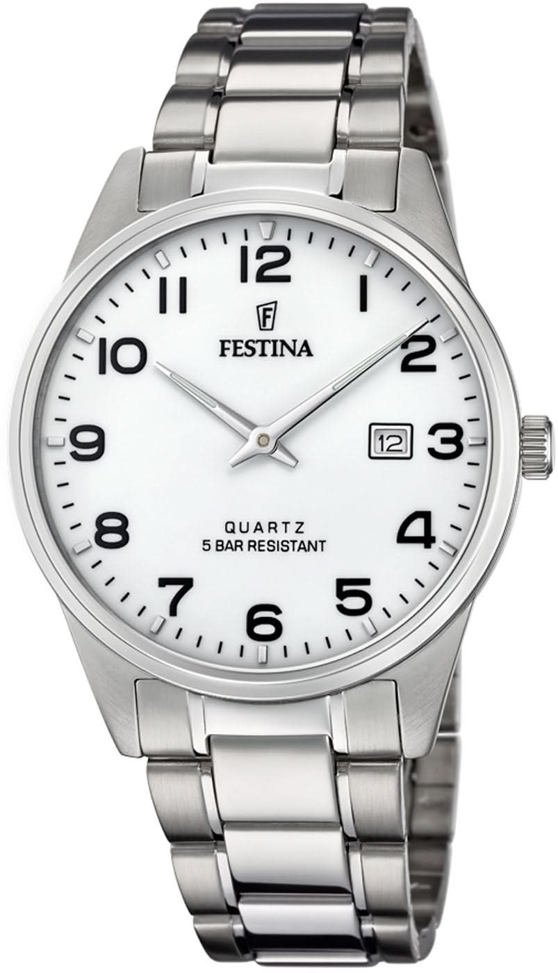 Montre à quartz pour homme en acier inoxydable avec cadran blanc, chiffres romains et guichet date
