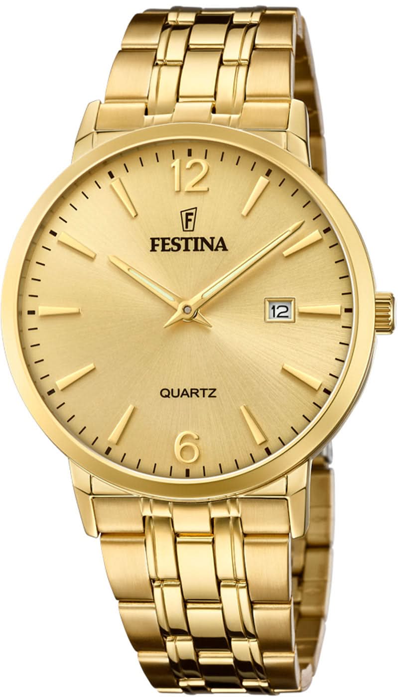 Bracelet de montre pour homme aspect or avec cadran rond, index et bracelet en métal