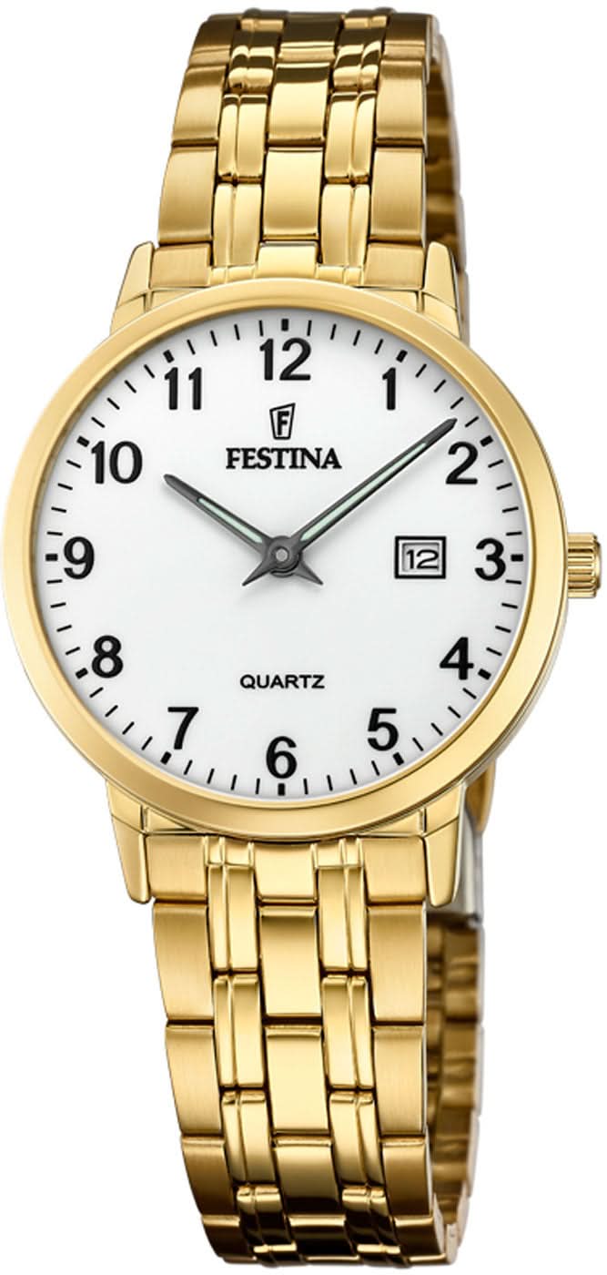 Montre pour femme avec bracelet en acier inoxydable doré et cadran blanc, affichage rond