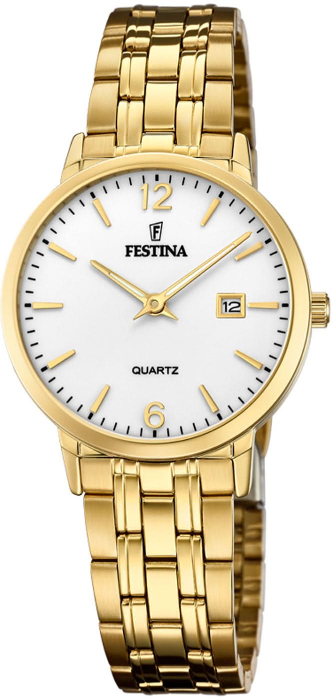 Montre Festina pour femme avec bracelet en acier inoxydable doré et cadran blanc, mouvement à quartz