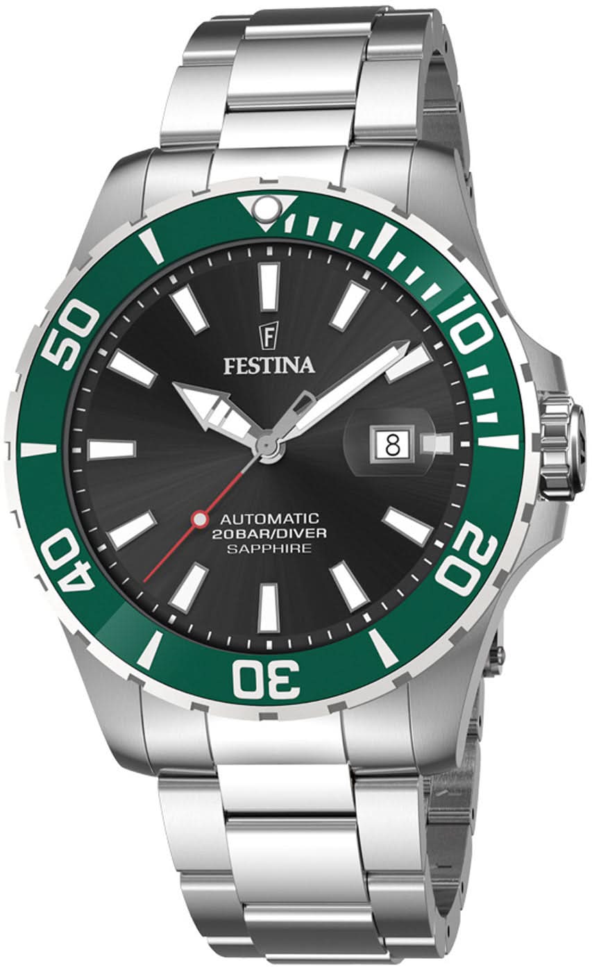 Montre Festina pour homme avec cadran vert, mouvement automatique, bracelet en acier inoxydable, verre saphir