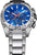 Montre chronographe pour homme avec cadran bleu, accents rouges, guichet date et bracelet en acier inoxydable