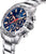 Montre chronographe pour homme, vue latérale avec couronne, cadran bleu et sous-cadrans chrono.